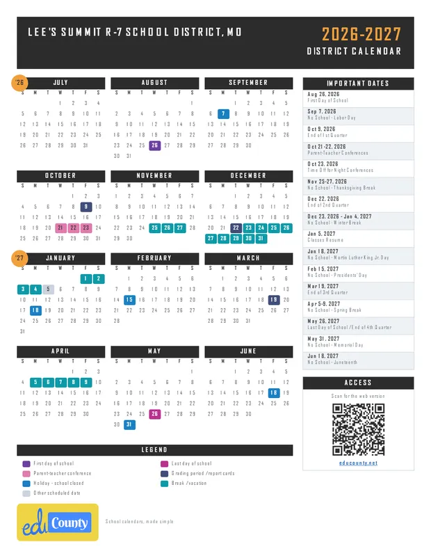 Lee's Summit R-7 School District printable 2026-27 calendar