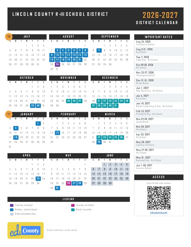 Lincoln County R-III School District printable 2026-27 calendar