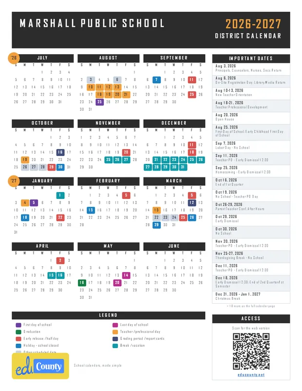 Marshall Public School printable 2026-27 calendar