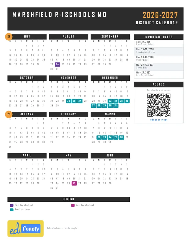 Marshfield R-I Schools printable 2026-27 calendar