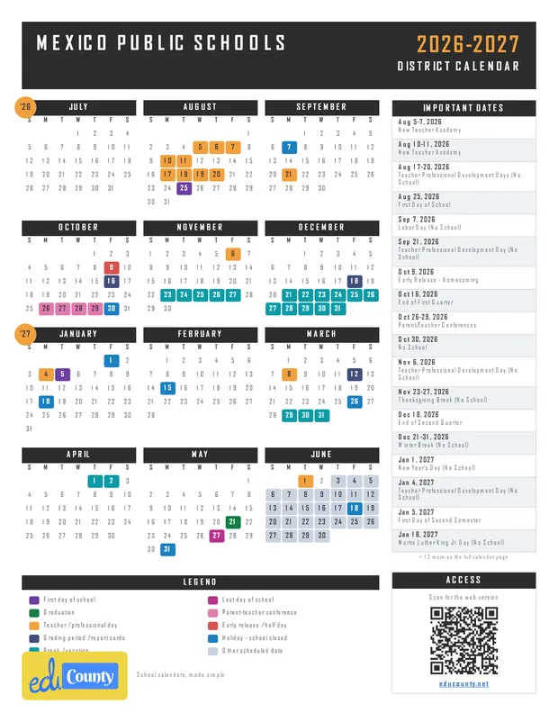 Mexico Public Schools printable 2026-27 calendar
