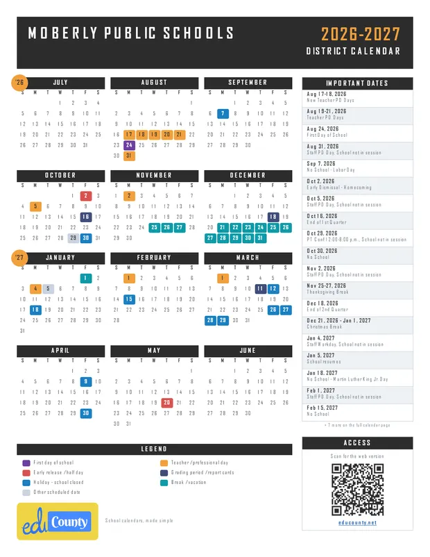 MOBERLY PUBLIC SCHOOLS printable 2026-27 calendar