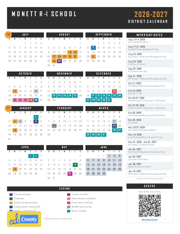 Monett R-1 School printable 2026-27 calendar