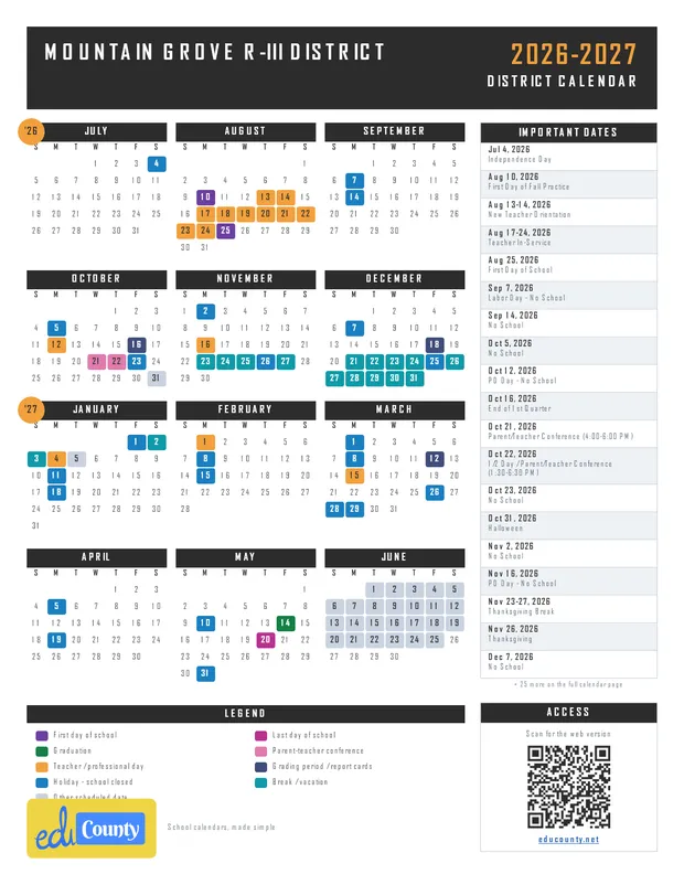 Mountain Grove R-III District printable 2026-27 calendar