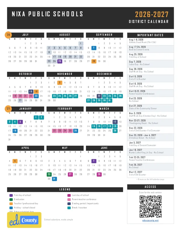 Nixa Public Schools printable 2026-27 calendar
