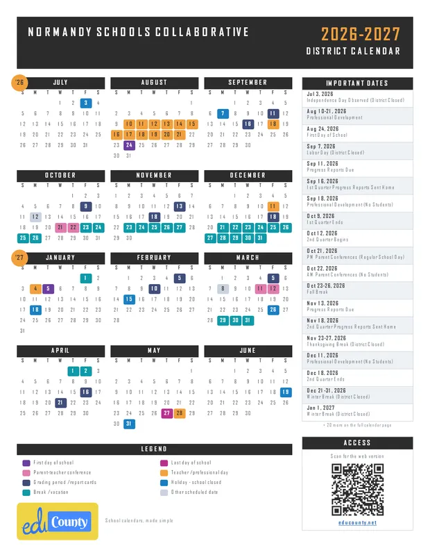Normandy Schools Collaborative printable 2026-27 calendar