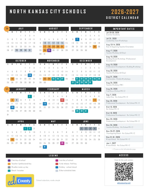 North Kansas City Schools printable 2026-27 calendar