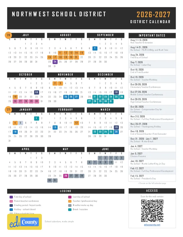 Northwest School District printable 2026-27 calendar