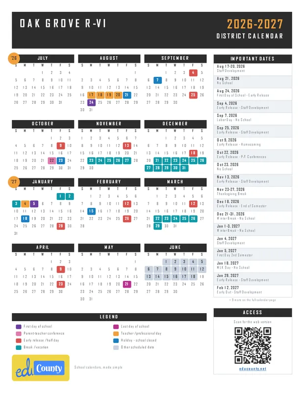 Oak Grove R-VI printable 2026-27 calendar