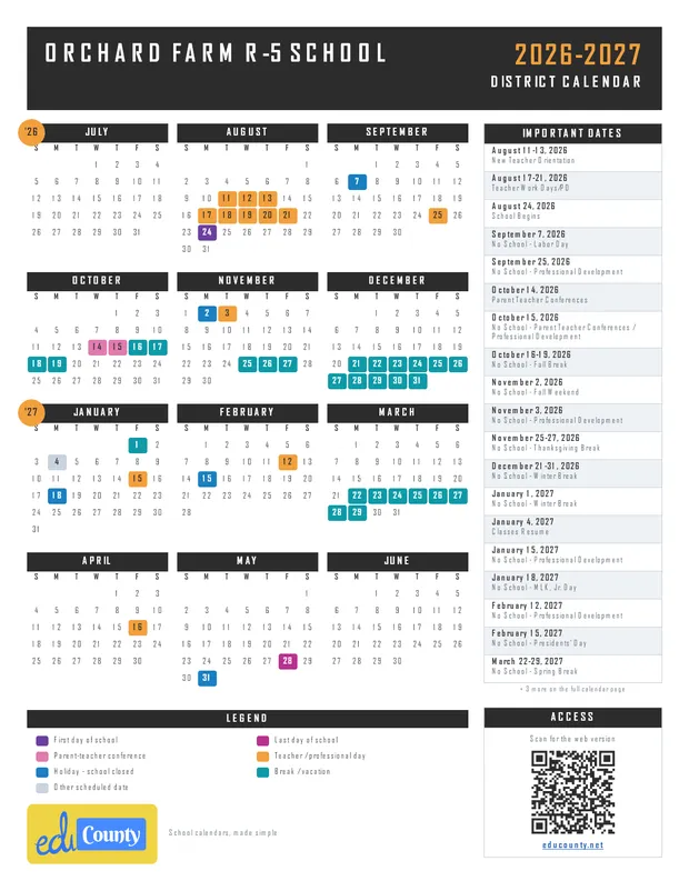 ORCHARD FARM R-5 SCHOOL printable 2026-27 calendar