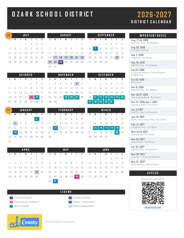 Ozark School District printable 2026-27 calendar