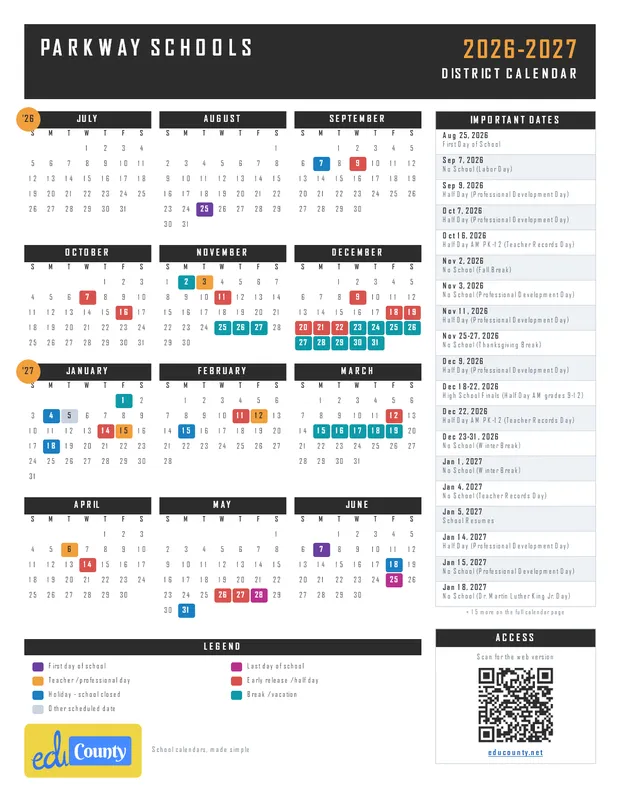 Parkway Schools printable 2026-27 calendar