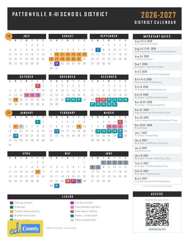 Pattonville R-III School District printable 2026-27 calendar