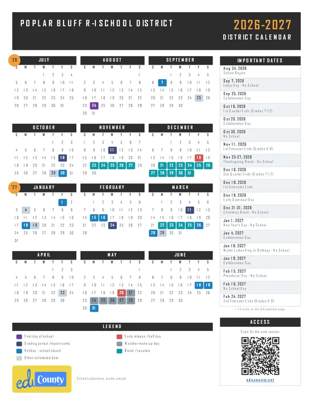 Poplar Bluff R-I School District printable 2026-27 calendar