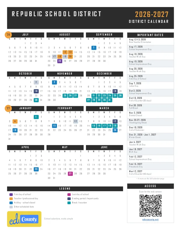 Republic School District printable 2026-27 calendar
