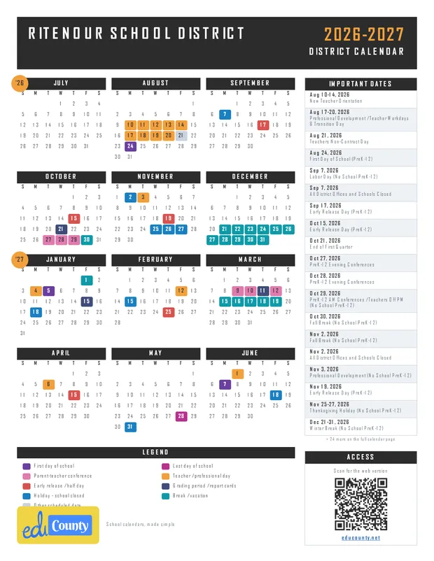 Ritenour School District printable 2026-27 calendar