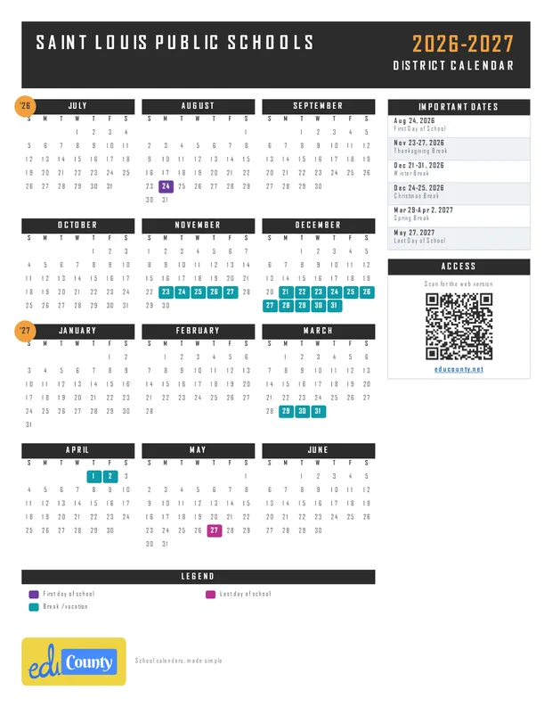 Saint Louis Public Schools printable 2026-27 calendar