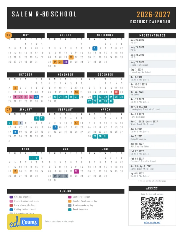 Salem R-80 School printable 2026-27 calendar