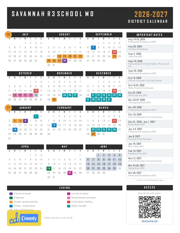 Savannah R3 School printable 2026-27 calendar