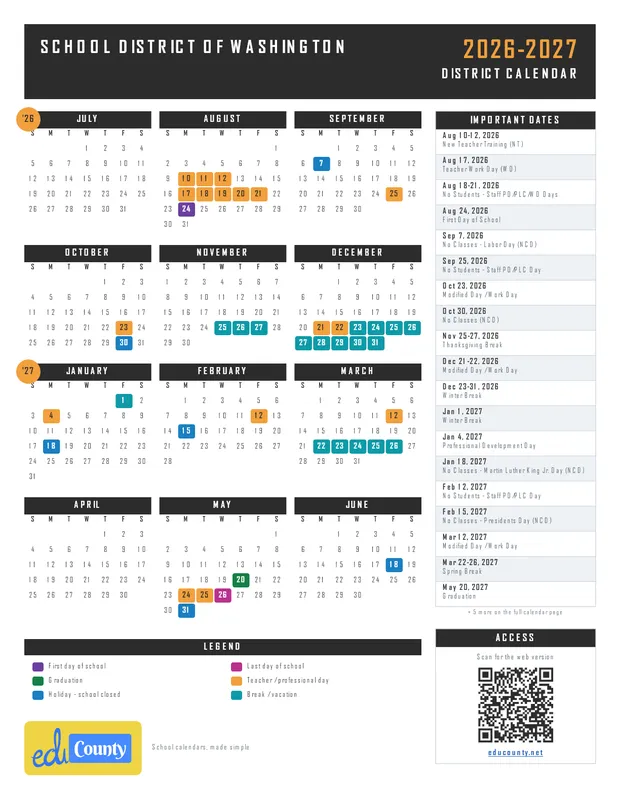 School District of Washington printable 2026-27 calendar