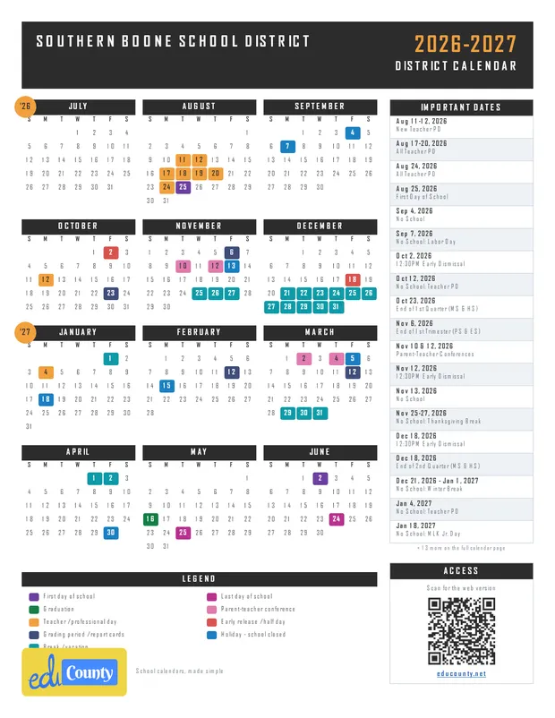 Southern Boone School District printable 2026-27 calendar
