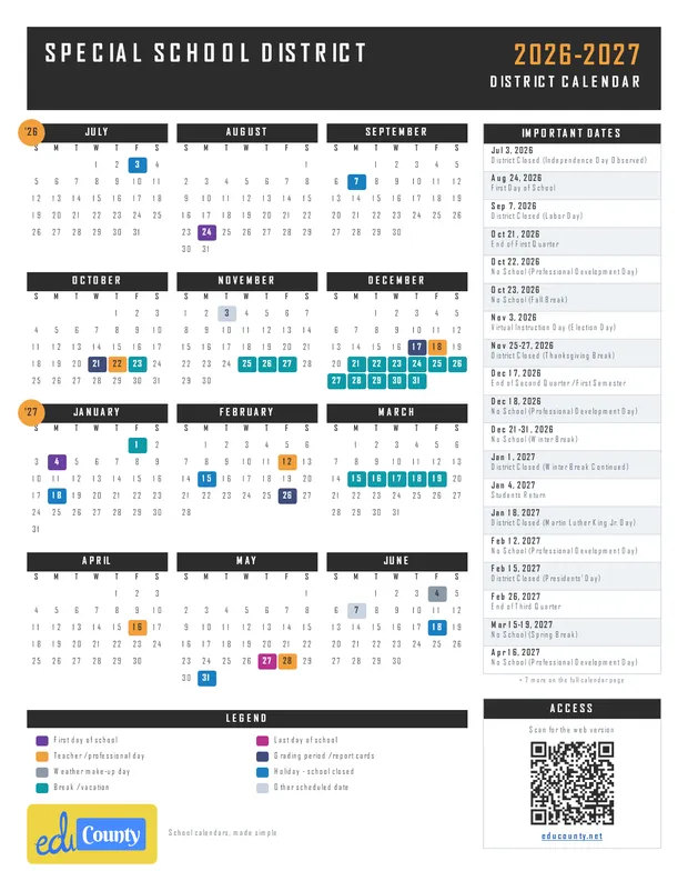 Special School District printable 2026-27 calendar