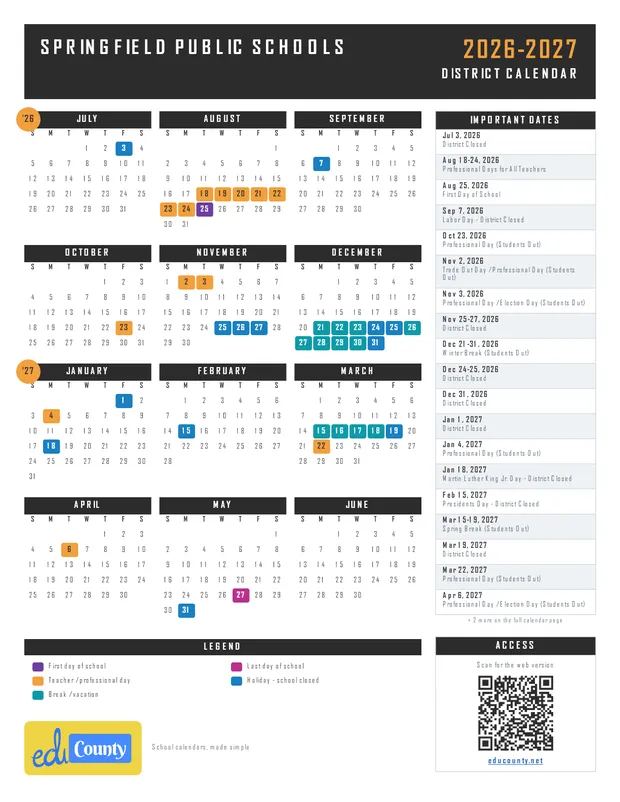 Springfield Public Schools printable 2026-27 calendar