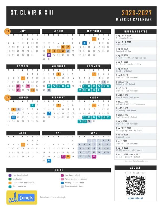 St. Clair R-XIII printable 2026-27 calendar