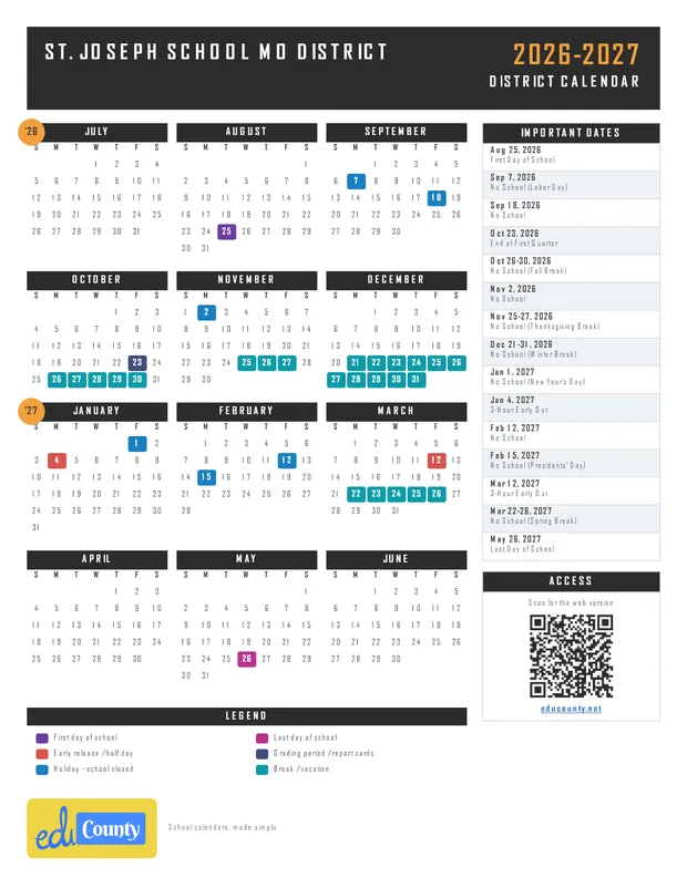 St. Joseph School MO District printable 2026-27 calendar