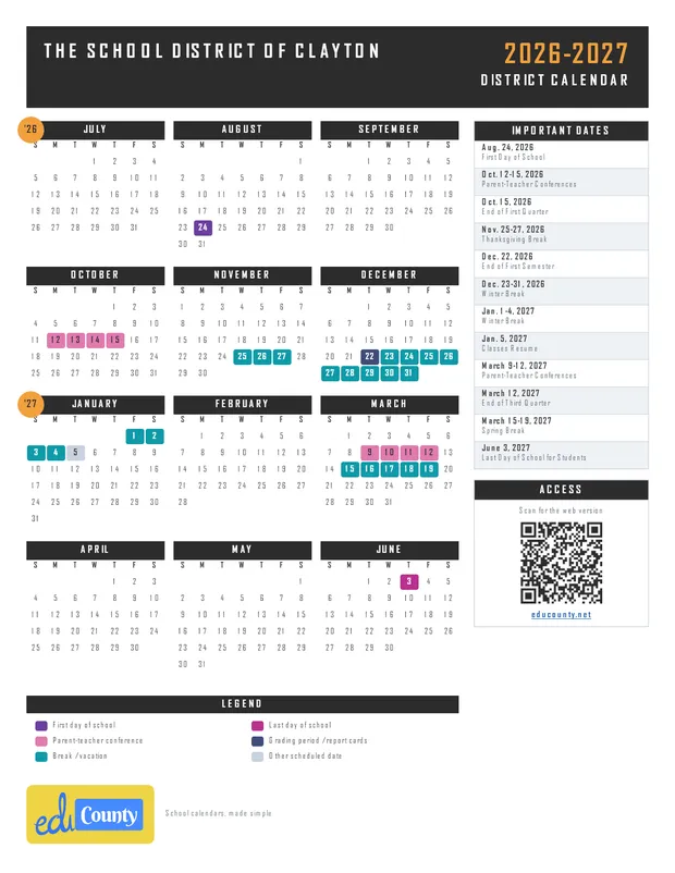 The School District of Clayton printable 2026-27 calendar