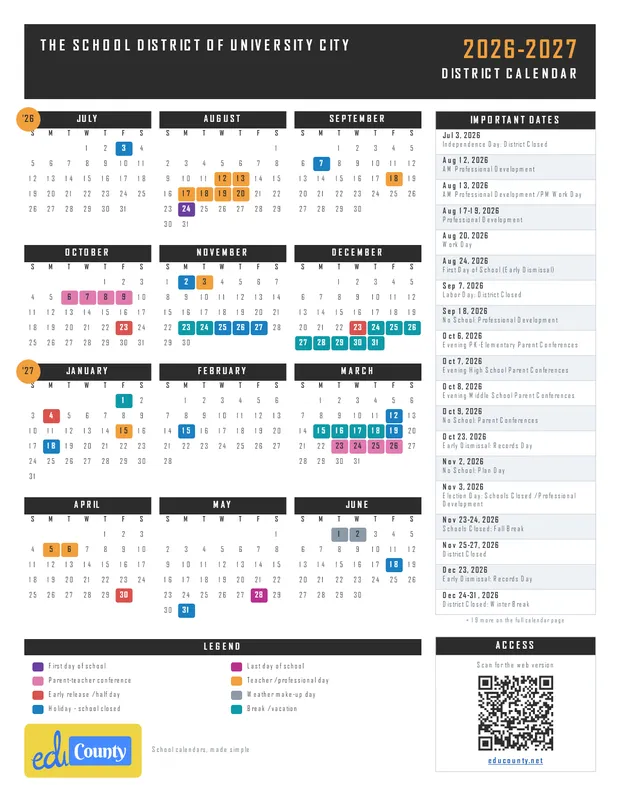 The School District of University City printable 2026-27 calendar