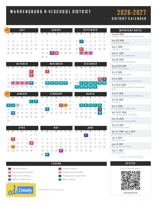 Warrensburg R-VI School District printable 2026-27 calendar
