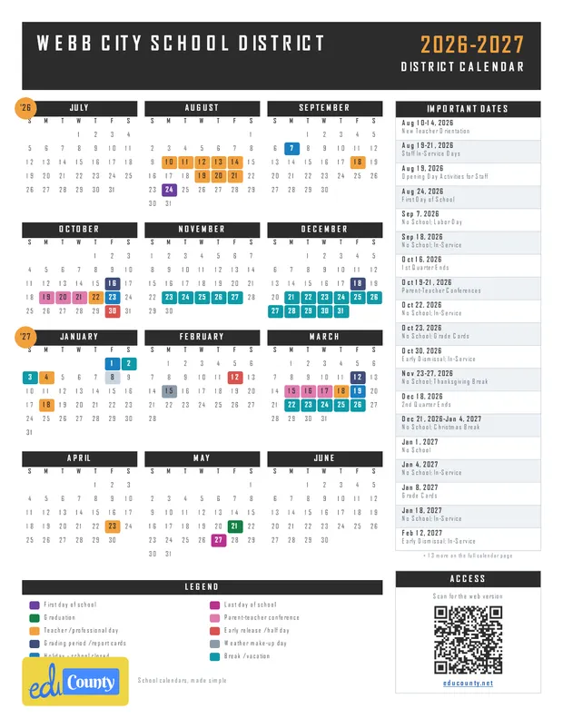 Webb City School District printable 2026-27 calendar