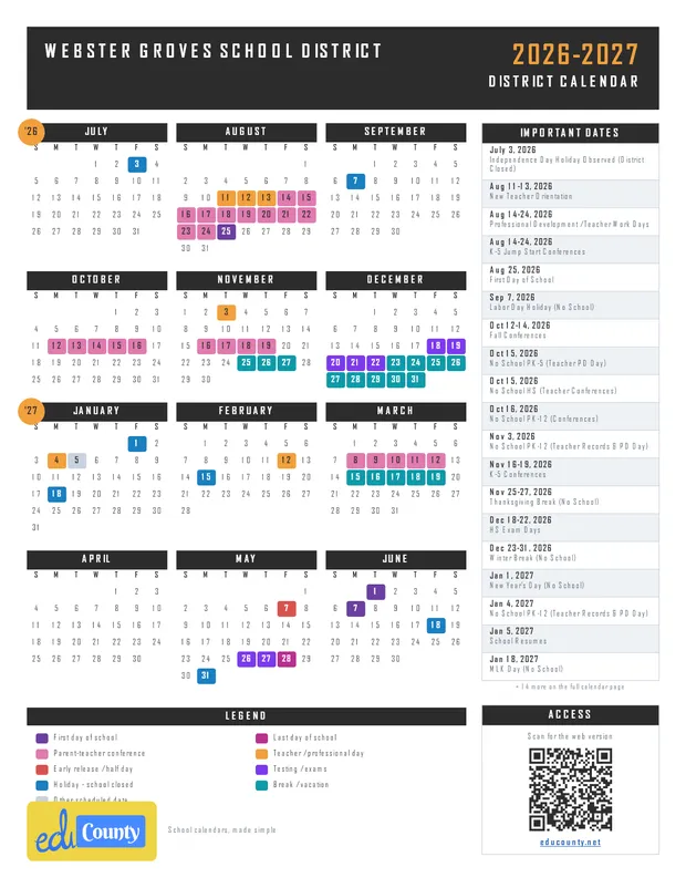 Webster Groves School District WGSD printable 2026-27 calendar