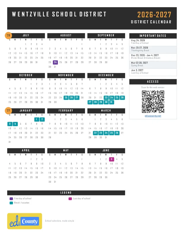 Wentzville School District printable 2026-27 calendar