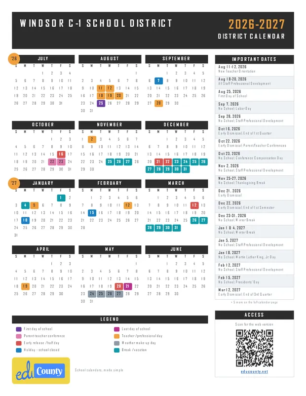 Windsor C-1 School District printable 2026-27 calendar
