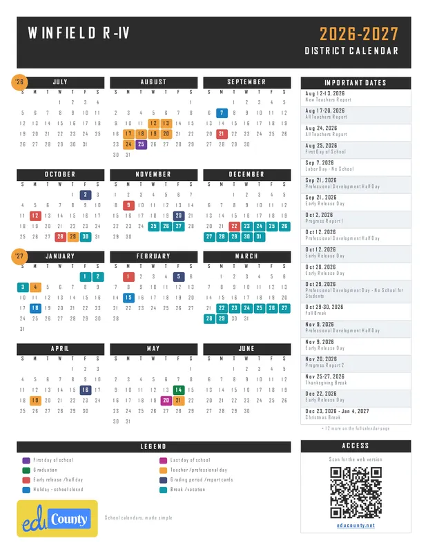 Winfield R-IV printable 2026-27 calendar
