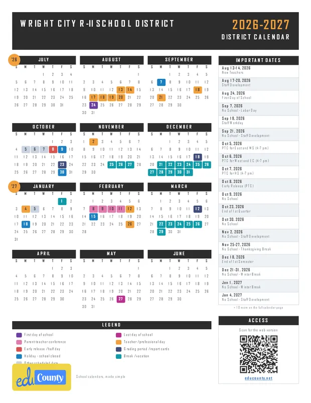 Wright City R-II School District printable 2026-27 calendar