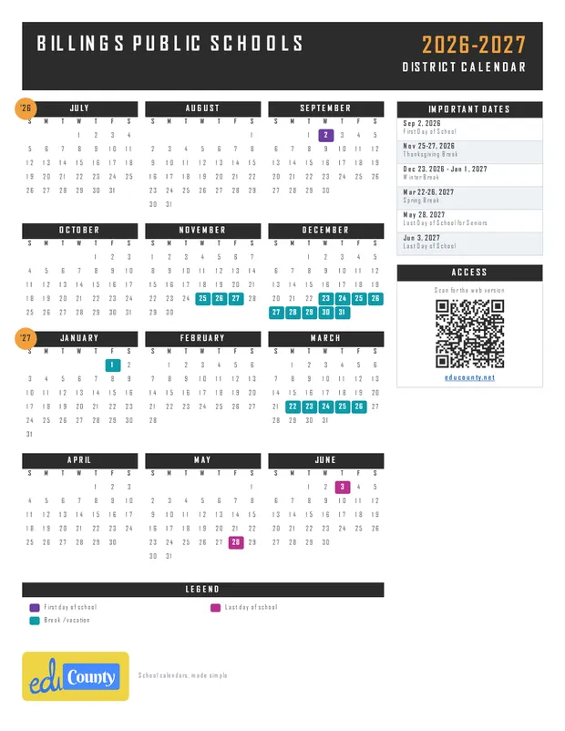 Billings Public Schools printable 2026-27 calendar