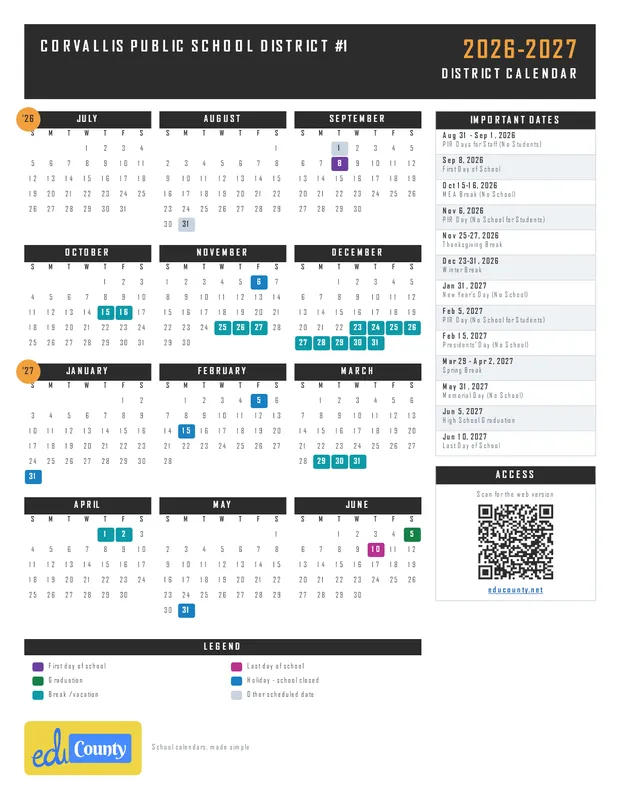 Corvallis Public School District #1 printable 2026-27 calendar