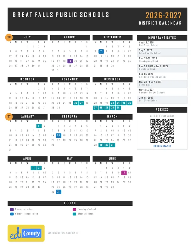 Great Falls Public Schools printable 2026-27 calendar