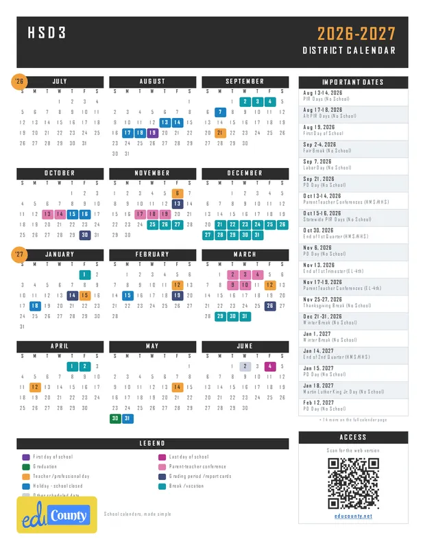 HSD3 printable 2026-27 calendar