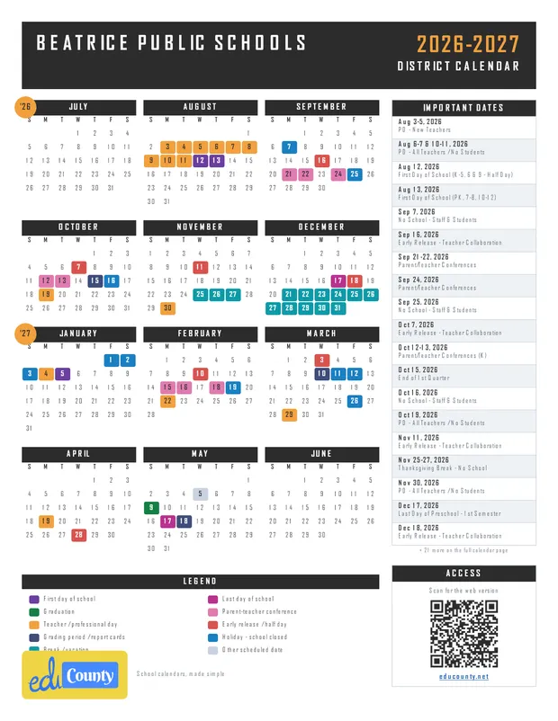 Beatrice Public Schools printable 2026-27 calendar
