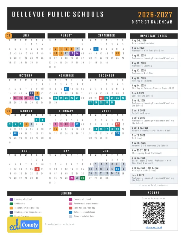 Bellevue Public Schools printable 2026-27 calendar