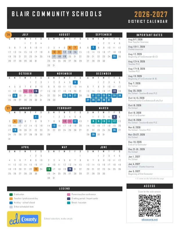 Blair Community Schools printable 2026-27 calendar