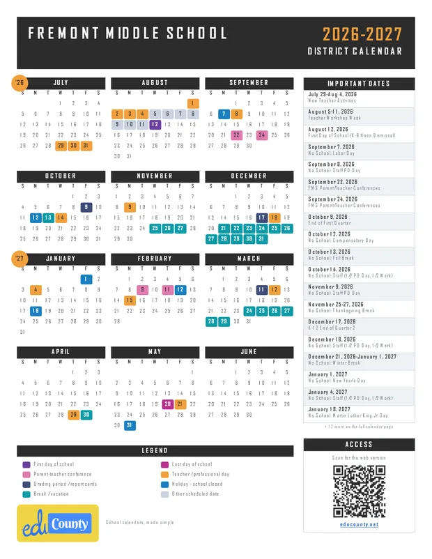 Fremont Middle School printable 2026-27 calendar