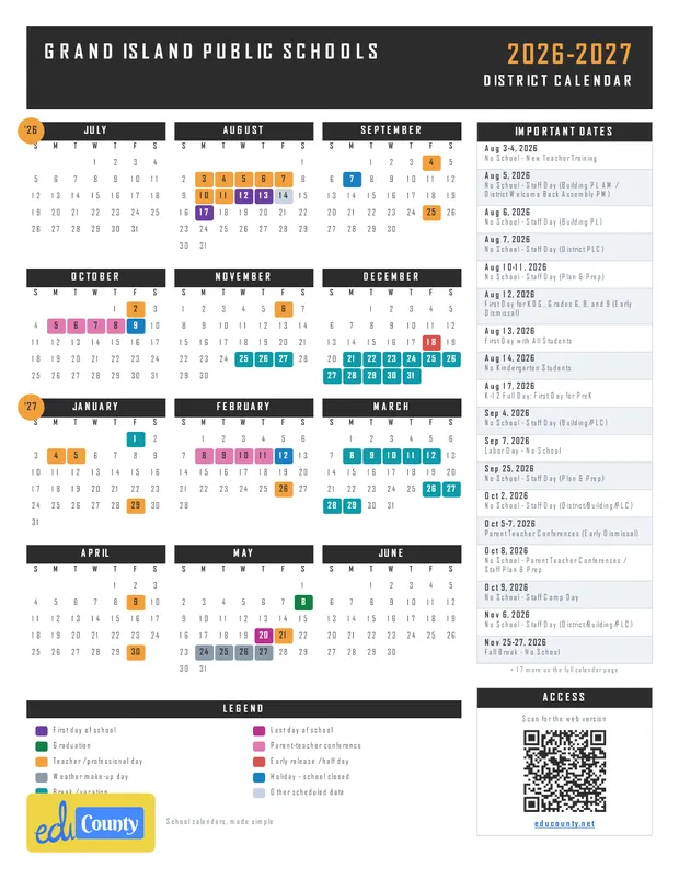 Grand Island Public Schools printable 2026-27 calendar