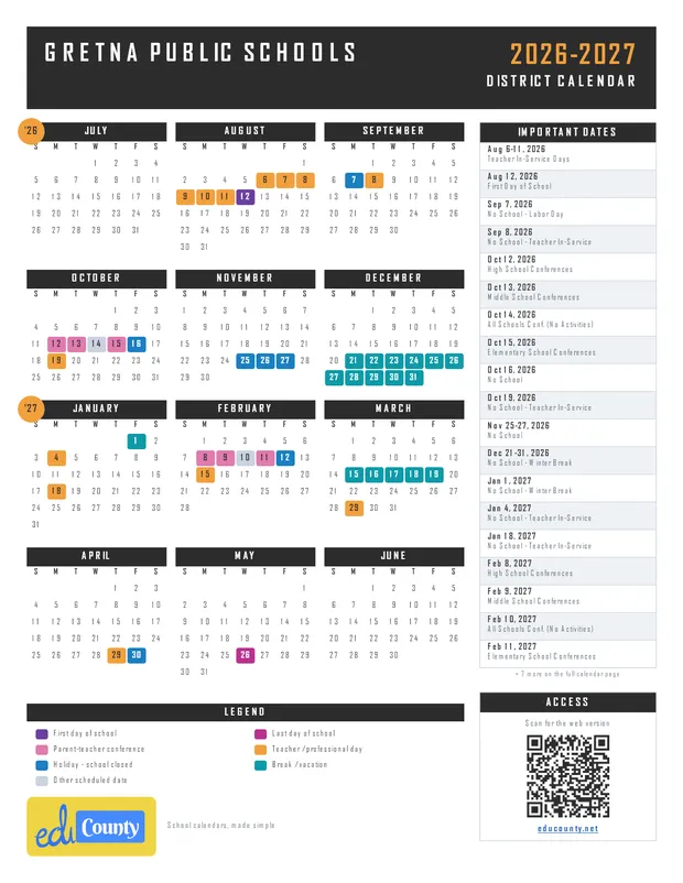 Gretna Public Schools printable 2026-27 calendar