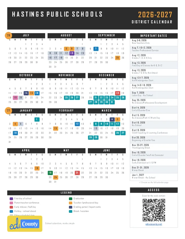 Hastings Public Schools printable 2026-27 calendar