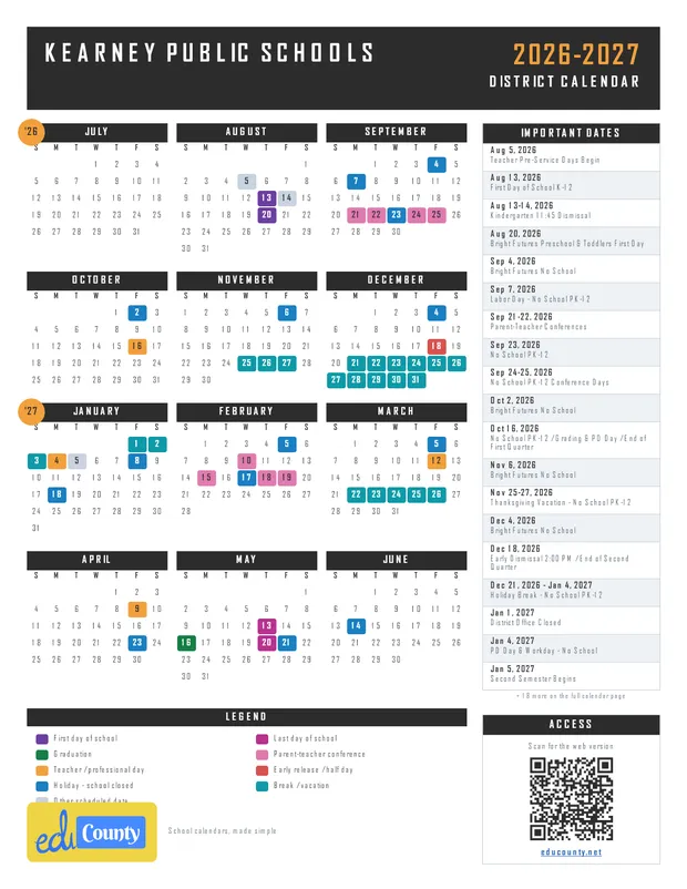 Kearney Public Schools printable 2026-27 calendar